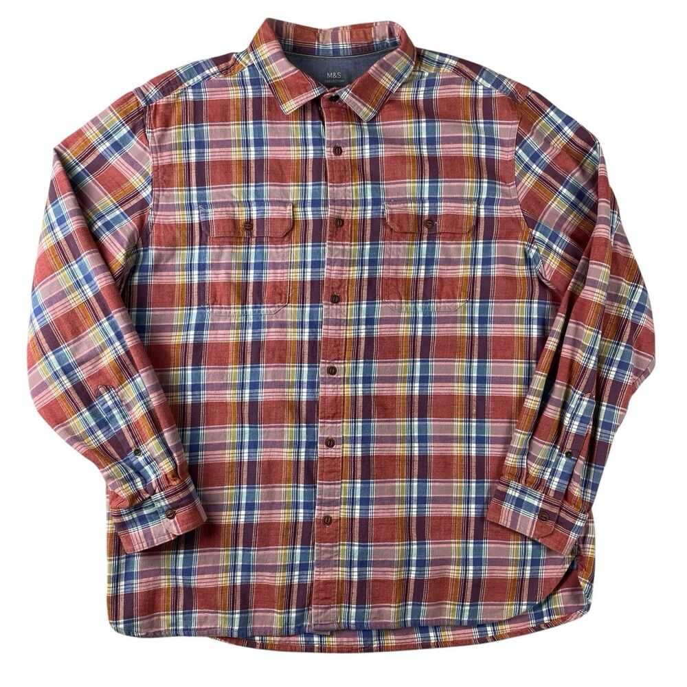 M&S Collection Men XL Plaid Flannel Shirt Red Blue Cotton Button Up Long Sleeve